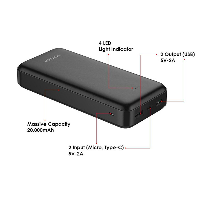 VEGER powerbank 20000 mAh 2A A20 (W2015) czarny EOL