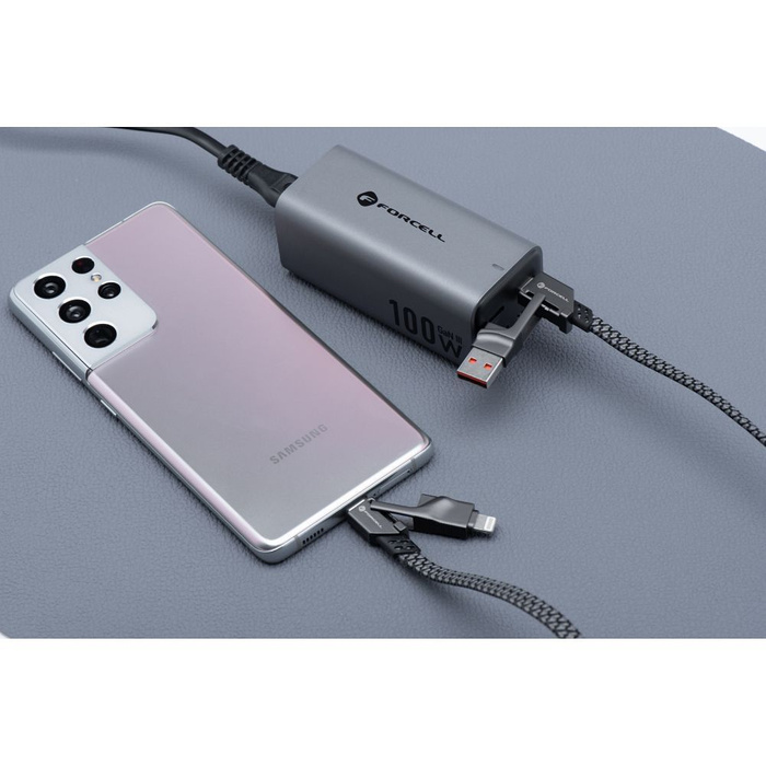 Kabel 4w1 USB C / USB A do USB C / Lightning Forcell F-Energy QC PD 3A 60W 1 m C241 chrom