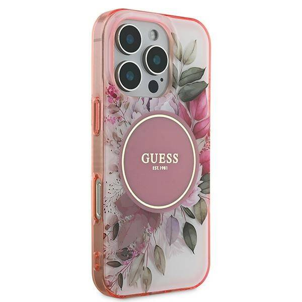 Etui Guess iPhone 16 Pro 6.3" różowy/pink hardcase IML Flower & Tonal Circle MagSafe