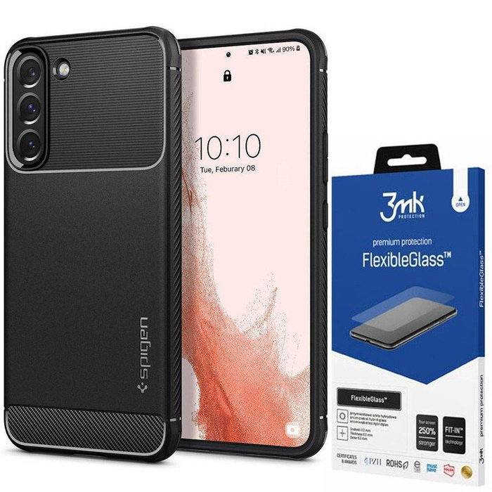 SPIGEN Galaxy S22 Rugged Armor ETUI MATTE Czarne + Szkło 3MK Flexible Glass