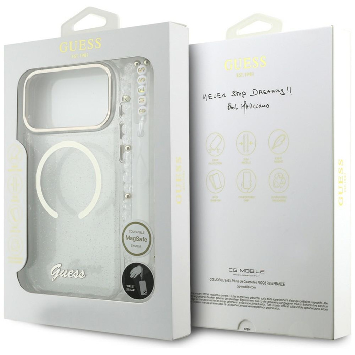 Etui Guess IML Glitters Script Strap     MagSafe do iPhone 17 Pro Max przezroczysty