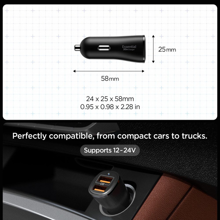 ŁADOWARKA SAMOCHODOWA SPIGEN ESSENTIAL EV302 2-PORT CAR CHARGER 30W CZARNA