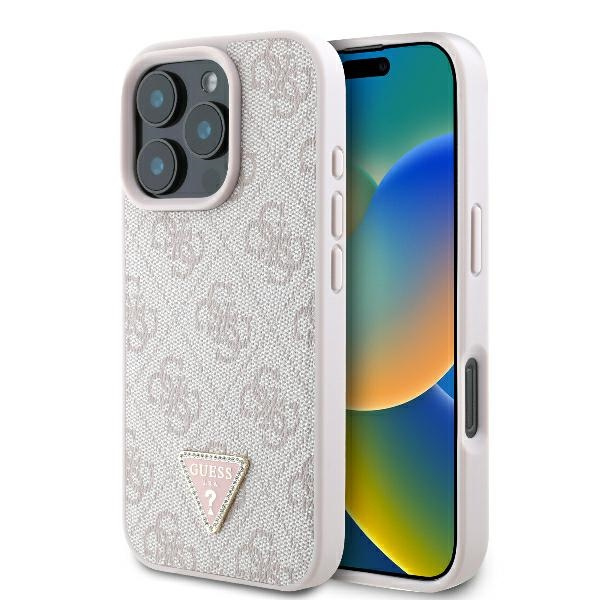 Etui Guess iPhone 16 Pro 6.3" różowy/pink hardcase Leather 4G Triangle Strass MagSafe