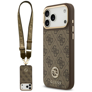 Etui Guess 4G Strass Logo & Big Strap Metal Buttons MagSafe do iPhone 17 Pro Max brązowy