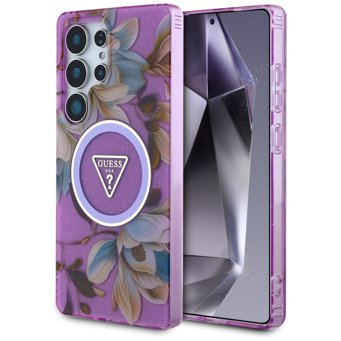 Etui Guess Glitter Flowers Triangle       Buttons MagSafe do Samsung Galaxy S25 Ultra fioletowy