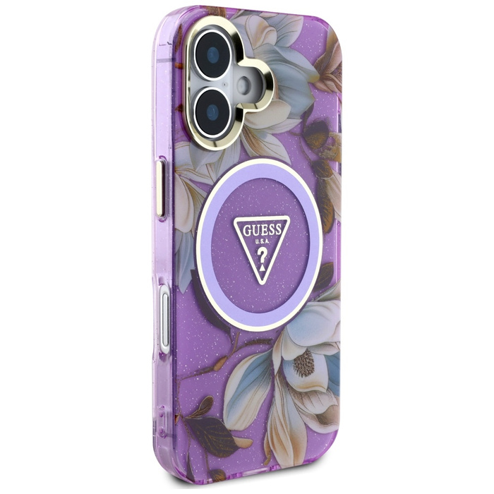 Etui Guess Glitter Flowers Triangle       Buttons MagSafe do iPhone 16 fioletowy