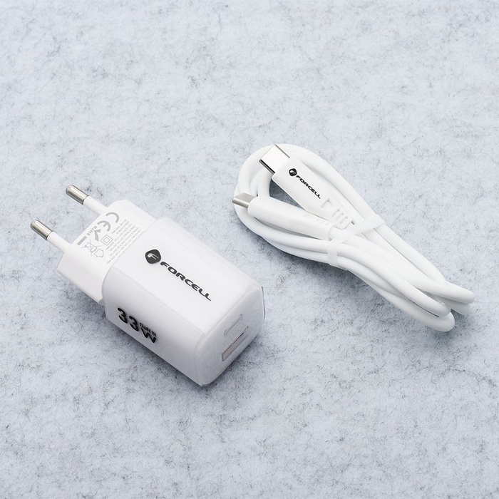 Ładowarka sieciowa do telefonu Forcell F-Energy GaN III Crystal Color USB C + USB A QC4.0 PD 33W + kabel USB C do USB C VT-41 biała 0INT
