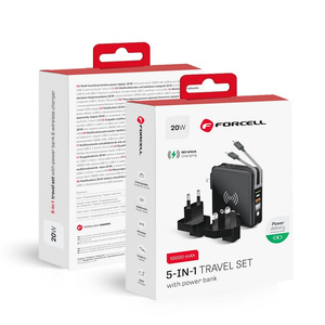 FORCELL F-ENERGY ładowarka wielofunkcyjna 5w1 20W PD z kablem typ C/lightning, power bankiem 10000mAh i ład. bezprzew. 15W