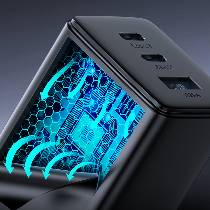 Joyroom szybka ładowarka GaN 65W USB, 2x USB C czarna + kabel USB C - USB C 100W 1.2m (TCG01)