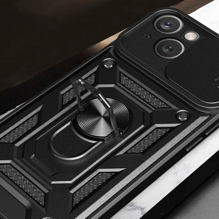 Etui Pancerne etui z podstawką i osłoną aparatu do iPhone 15 Hybrid Armor Camshield - niebieskie Case
