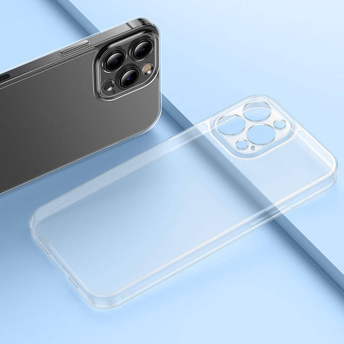 Etui Baseus Frosted Glass Case pokrowiec do iPhone 13 Pro sztywna obudowa z żelową ramką przezroczysty (ARWS000702)