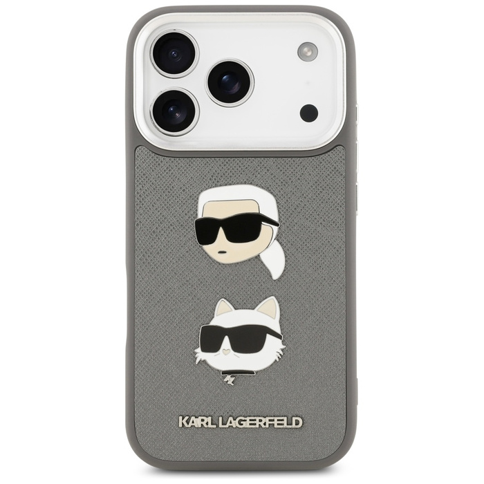 Etui Karl Lagerfeld FW Grained Karl &    Choupette Heads Pins & Logo do iPhone 17 Pro szary