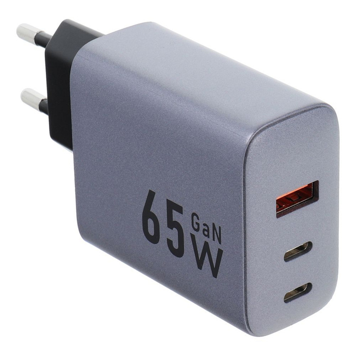 Ładowarka sieciowa do telefonu Forcell F-Energy GaN 2 x USB C + USB A QC4.0 PD 4A 65W VT-42B szara