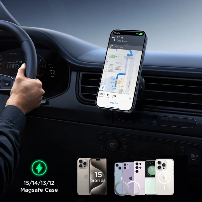 Joyroom uchwyt samochodowy do telefonu z ładowarką indukcyjną (kompatybilną z MagSafe) z wentylatorem na kratkę nawiewu - czarny (JR-ZS387)