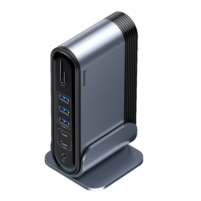 [PO ZWROCIE] HUB Baseus CAHUB-DG0G 3x USB 3.2 Gen 1 / 2x USB-A / 2x USB-C / czytnik kart SD, micro SD / AUX / 3x HDMI / RJ45 PD 100W (wtyczki EU / CN / UK) - szary