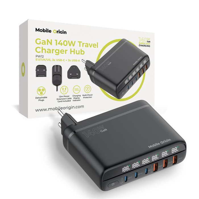 Ładowarka Podróżna Mobile Origin GaN 140W Hub PW12 EU/UK/US 3x USB-C 3x USB-A