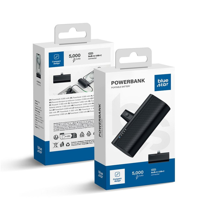 Powerbank Blue Star 5000 mAh z wbudowanym złączem USB C 2,1A W0556 czarny