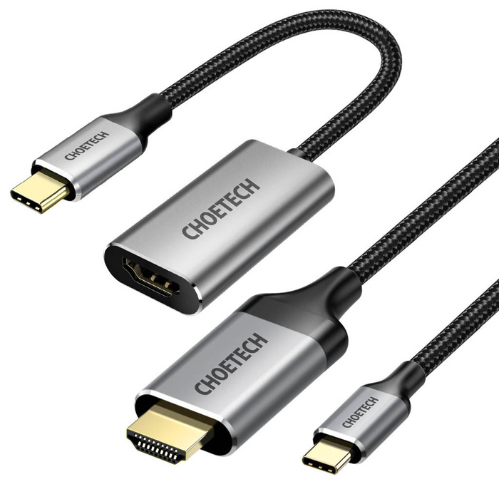 Choetech zestaw przejściówka HUB USB Typ C - HDMI 2.0 (3840 x 2160 @ 60Hz) szary (HUB-H12) + kabel USB Typ C - HDMI (3840 x 2160 @ 60Hz) 2m szary (CH0021) 