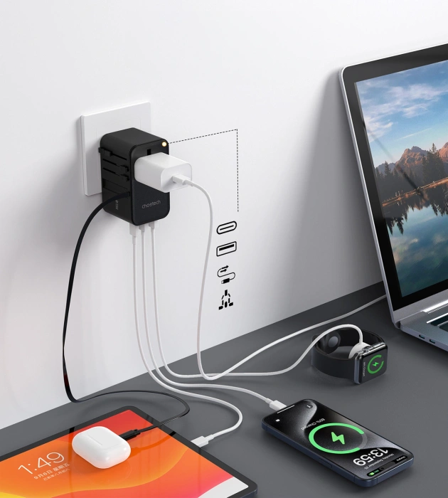 Ładowarka podróżna Choetech PD5022 70W EU / US / AUS / UK z wbudowanym kablem USB-C - czarna
