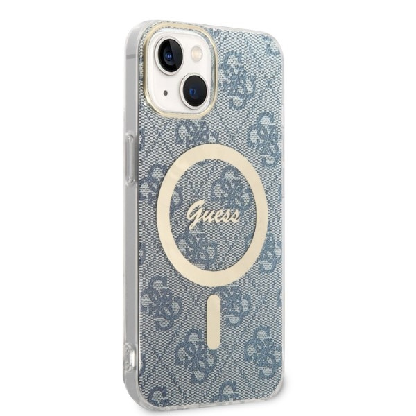 Zestaw Etui Guess Case+ Charger iPhone 14 6,1" niebieski/blue hard case 4G Print MagSafe