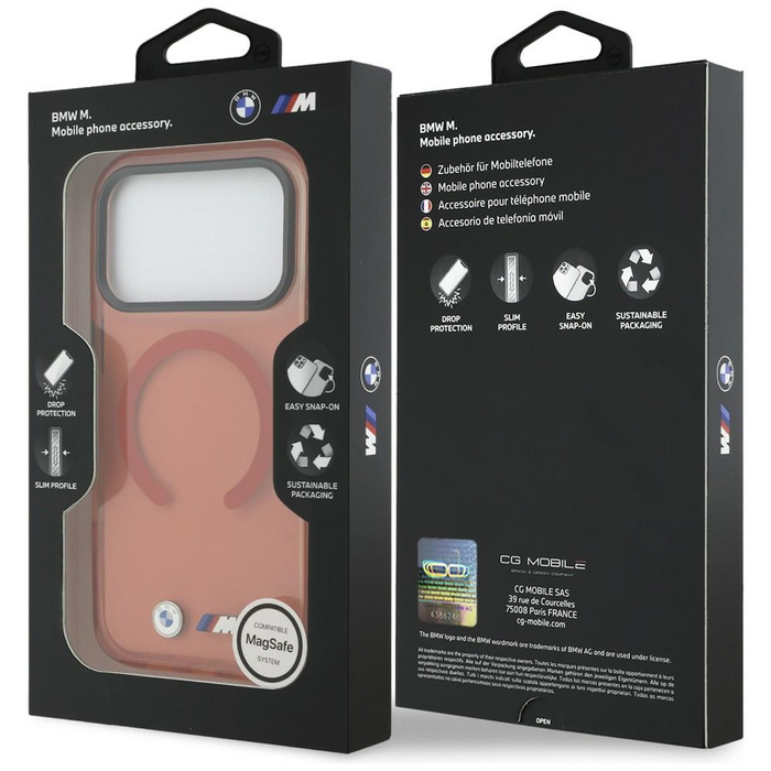 Etui BMW M IML Shockproof Metal Logos    MagSafe do iPhone 17 Pro promarańczowy