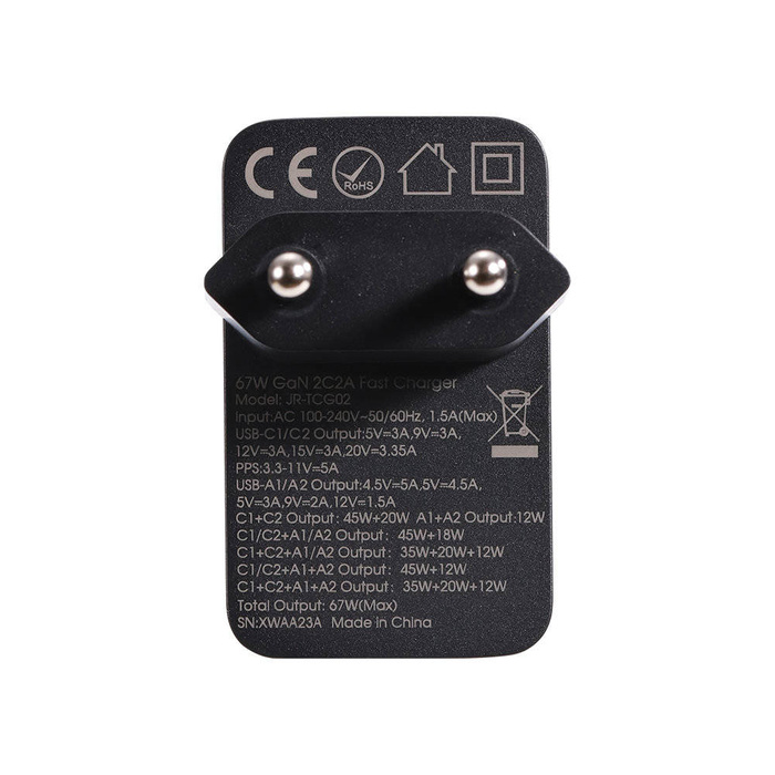Joyroom ładowarka GaN 67W 4 porty (2x USB, 2x USB C) czarna (TCG02) + kabel USB C – USB C 100W 1.2m