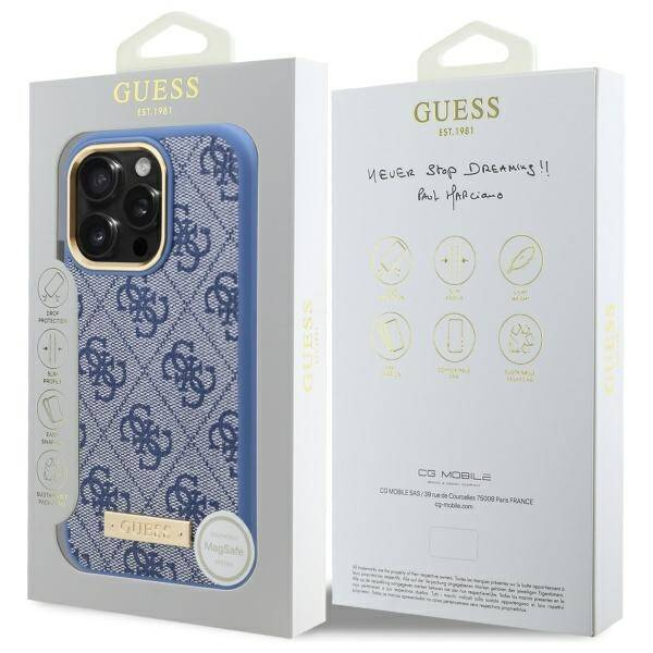 Etui Guess iPhone 16 Pro Max 6.9" niebieski/blue hardcase 4G Logo Plate MagSafe