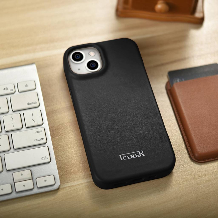 iCarer CE Premium Leather Folio Case skórzane etui iPhone 14 Plus z klapką magnetyczne MagSafe czarny (WMI14220715-BK)