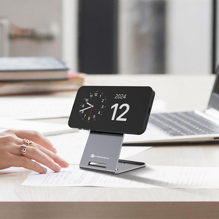 Ładowarka indukcyjna Forcell F-Energy Flip Charge USB C Qi2 15W zgodna z MagSafe srebrna 0INT