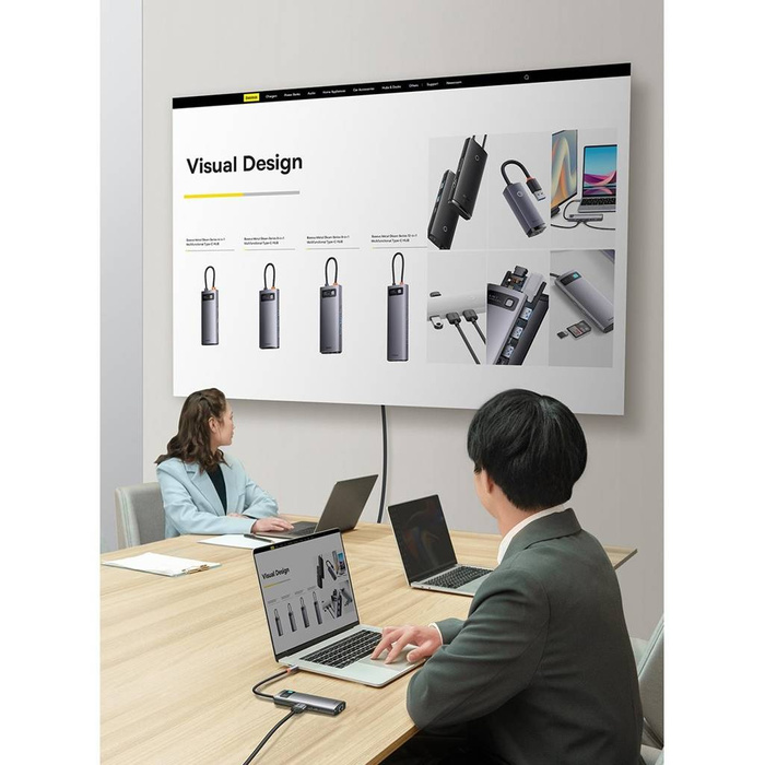 Baseus Metal Gleam Series stacja dokująca HUB 7 w 1 USB Typ C - 2 x HDMI /  3 x USB 3.2 Gen. 1 / 1 x Power Delivery / 1 x RJ-45 Ethernet szary (WKWG040113)