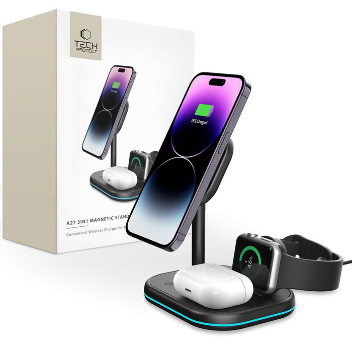 ŁADOWARKA TECH-PROTECT QI15W-A27 3IN1 MAGNETIC MAGSAFE WIRELESS CHARGER BLACK