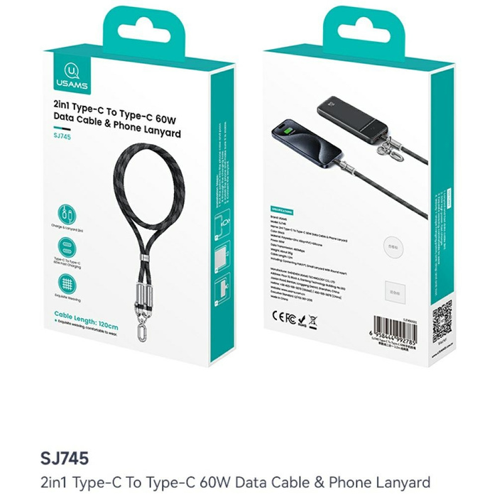 Smycz do telefonu z kablem do ładowania  Usams SJ745 60W USB-C do USB-C 1.2m fioletowy