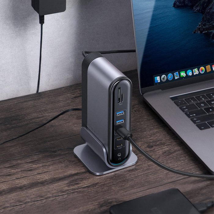 Baseus wielofunkcyjny HUB 3x USB 3.2 Gen 1 / 2x USB 2.0 / 2x USB Typ C / czytnik kart SD i micro SD / AUX / 3x HDMI / RJ45 1Gbps Power Delivery 100W (wtyczki EU / CN / UK) szary (CAHUB-DG0G)