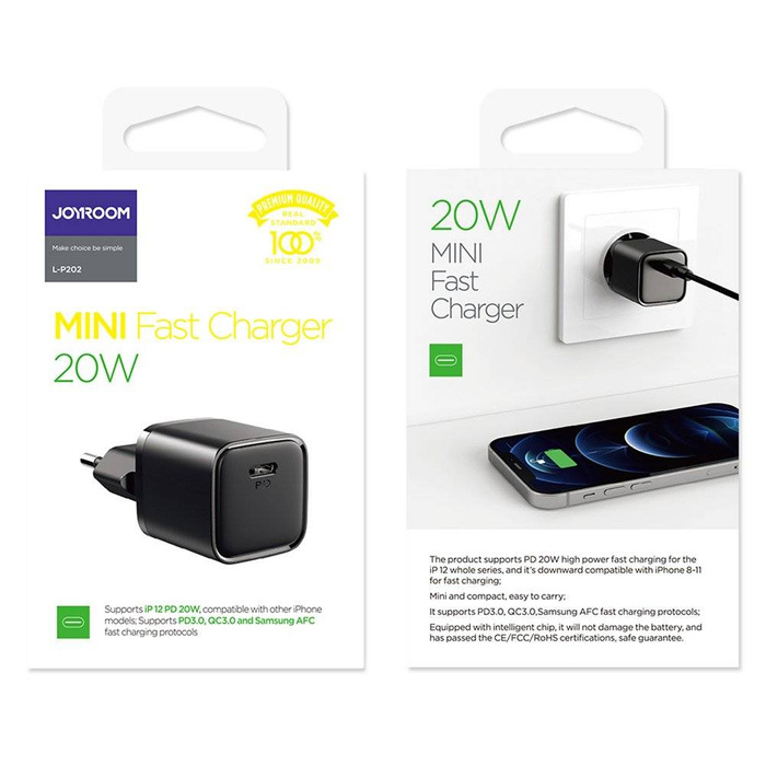 Joyroom szybka ładowarka sieciowa USB Typ C 20W Power Delivery Quick Charge 3.0 AFC czarna (L-P202)