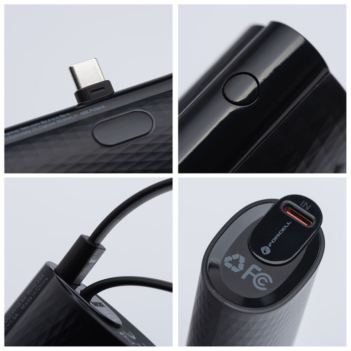 Powerbank Forcell F-Energy Power Plug F5K3 PD 20W 5000 mAh z wbudowanym złączem USB C czarny