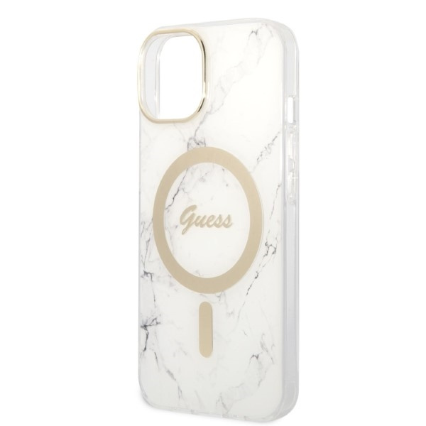 Zestaw Etui Guess Case+ Charger iPhone 14 Plus 6,7" biały/white hard case Marble MagSafe