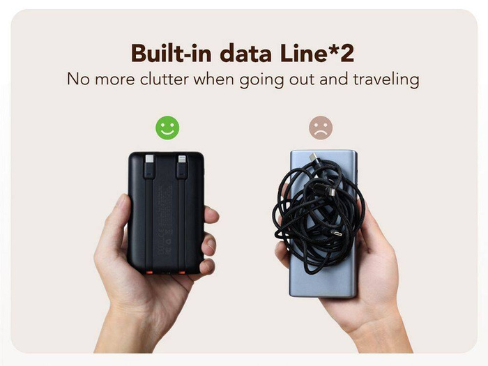 VEGER powerbank 10000 mAh z wbudowanymi kablami Typ C / Lightning PD QC3.0 2A 22,5W C11 (W1170) czarny