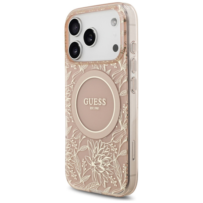 Etui Guess IML Flowers Electro Pearl     Strap MagSafe do iPhone 17 Pro różowy