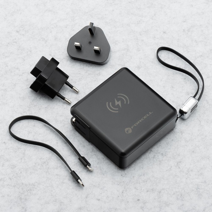 Wielofunkcyjna ładowarka Forcell F-Energy 6w1 USB A + USB C PD 45W + power bank 15000 mAh + ładowanie bezprzewodowe 15W czarna