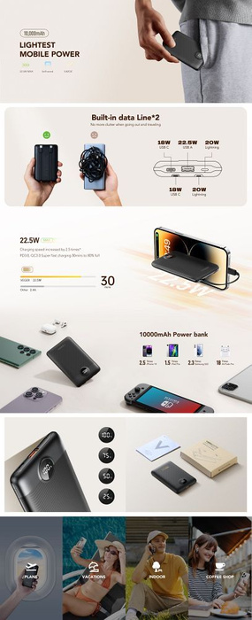 Powerbank Veger C11 (W1170) PD QC3.0 2A 22,5W 10 000 mAh z wbudowanymi kablami USB C / Lightning czarny