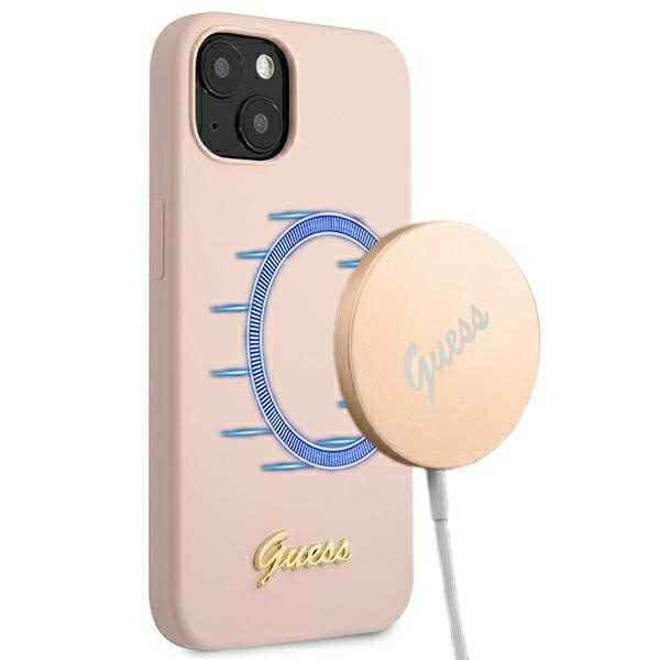 Etui GUESS Apple iPhone 13 Silicone Script Gold Logo Magsafe Różowy Hardcase