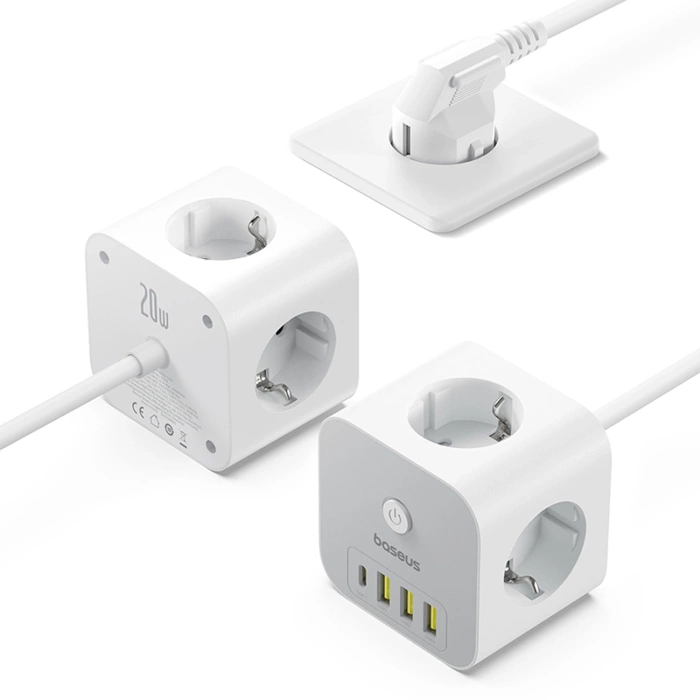 Kostka listwa zasilająca Baseus PowerCombo 7 w 1, 3 AC + 3 x USB-A + 1 x USB-C 20W 1,5 m - biała