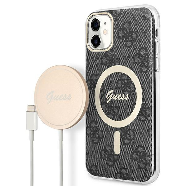 Zestaw Etui Guess Case+Charger iPhone 11 6,1" czarny/black hard case 4G Print MagSafe