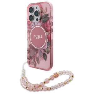 Etui Guess iPhone 16 Pro Max 6.9" różowy/pink hardcase IML Flowers With Pearl Strap MagSafe