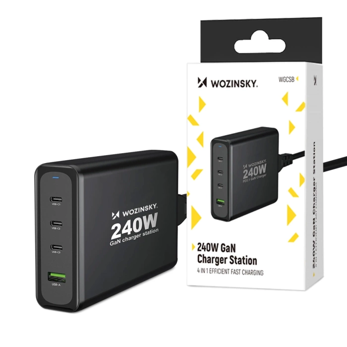 Ładowarka sieciowa GaN Wozinsky WGCSB 240W USB-A / 3 x USB-C - czarna