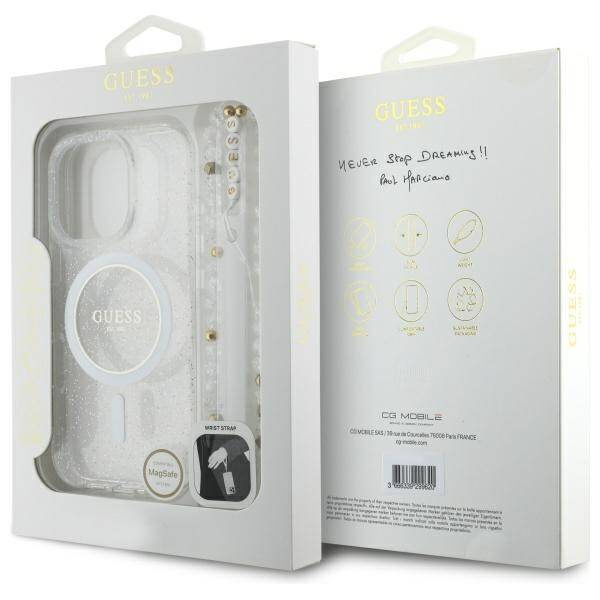 Etui Guess iPhone 16 Pro 6.3" przeźroczysty/transparent hardcase IML Glitter With Pearl Strap MagSafe