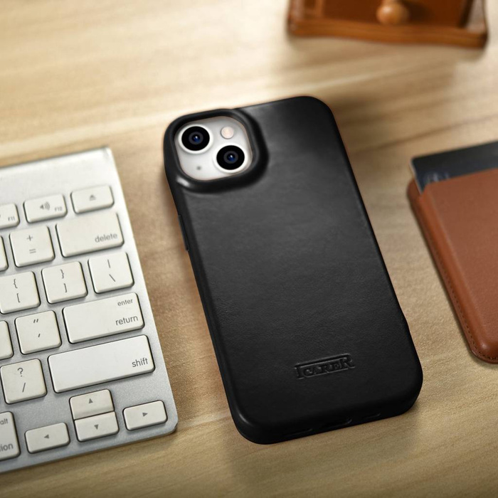 iCarer CE Oil Wax Premium Leather Folio Case skórzane etui iPhone 14 z klapką magnetyczne MagSafe czarny (AKI14220705-BK)
