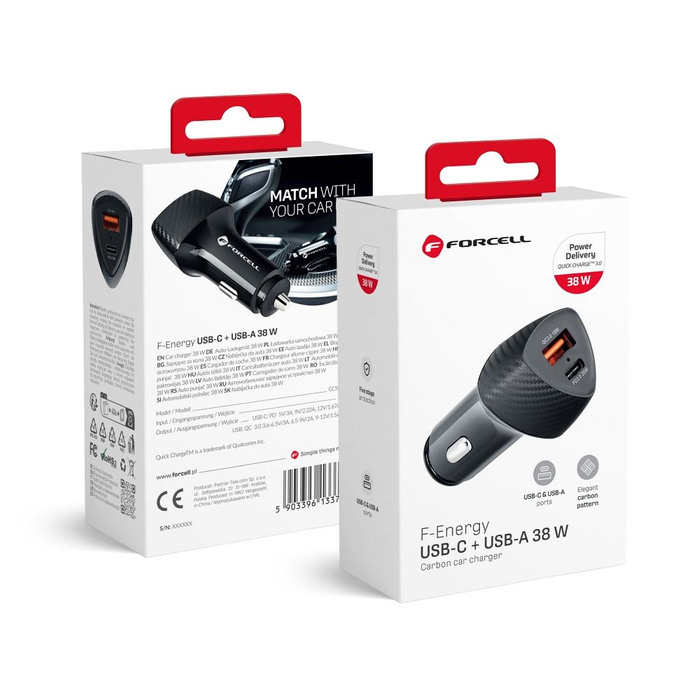 FORCELL F-ENERGY Carbon CC50-1A1C ładowarka samochodowa Typ C + USB A PD QC3.0 3A 38W czarna