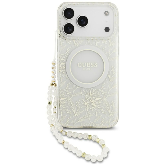 Etui Guess IML Flowers Electro Pearl     Strap MagSafe do iPhone 17 Pro Max biały