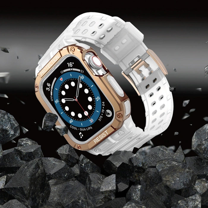 Pasek z etui ochronnym Protect Strap Band do Apple Watch 38 / 40 / 41 mm opaska obudowa pancerna - przeroczysty, różowe złoto